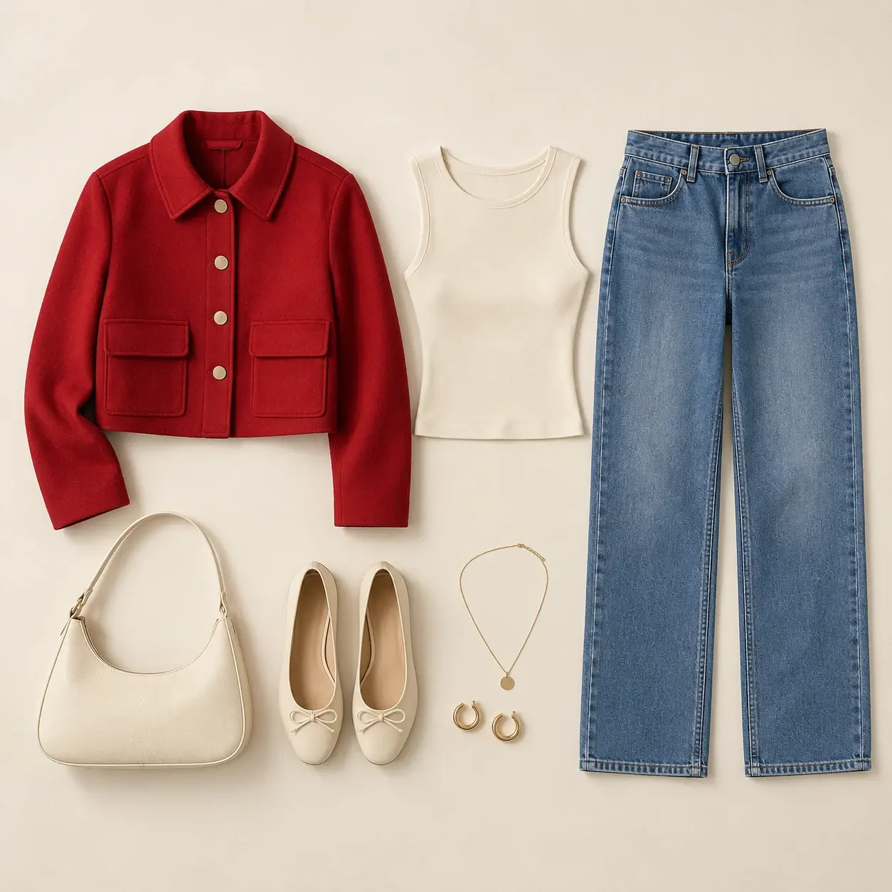 Flat lay with a red jacket, tank top, and jeans