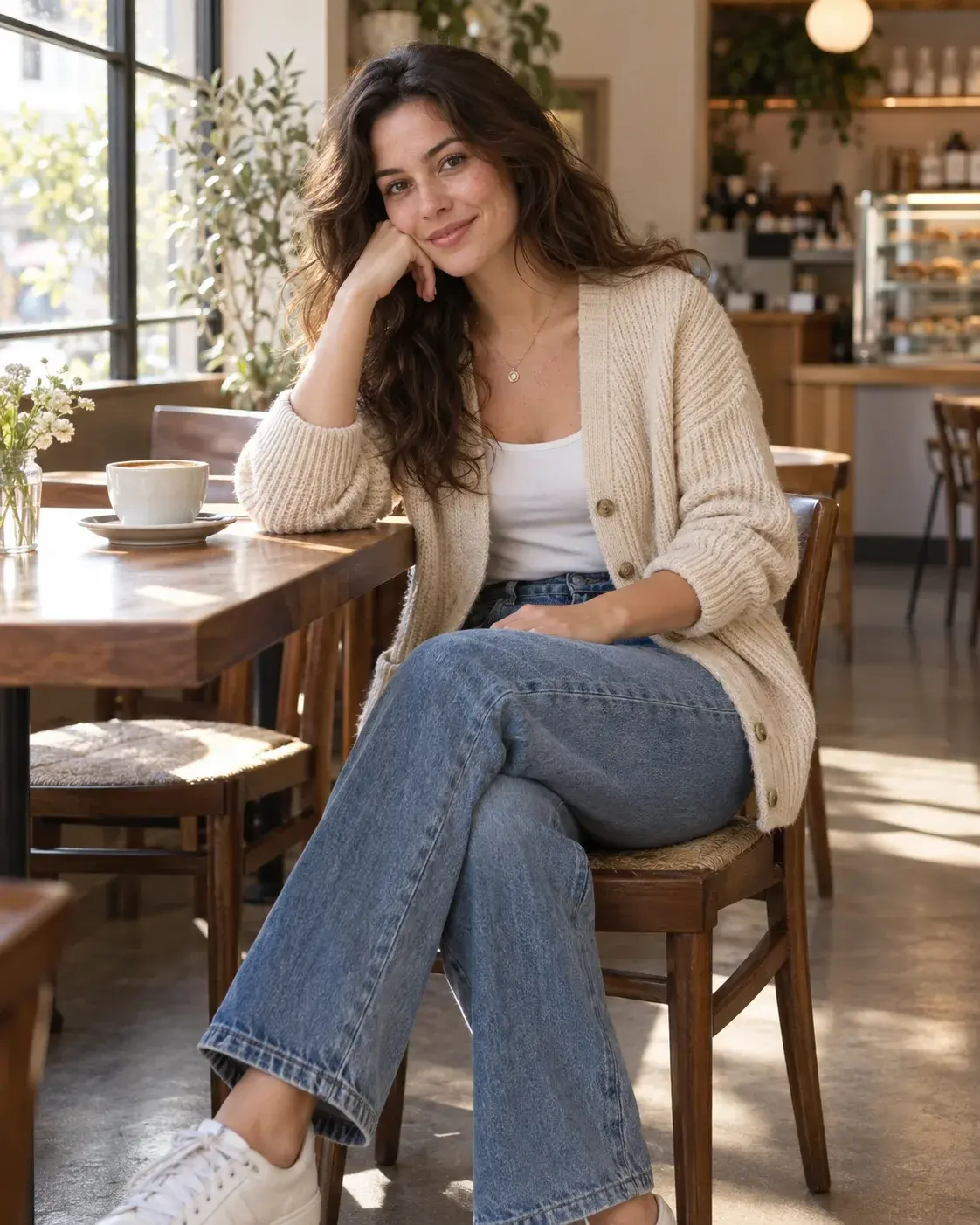 Woman wearing a beige knit cardigan and jeans in a cafe before changing clothes