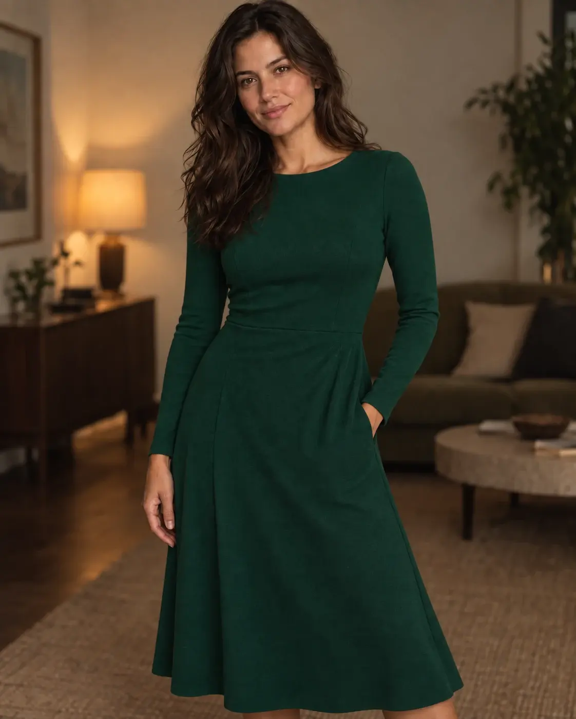 The same woman wearing an emerald green dress after changing clothes
