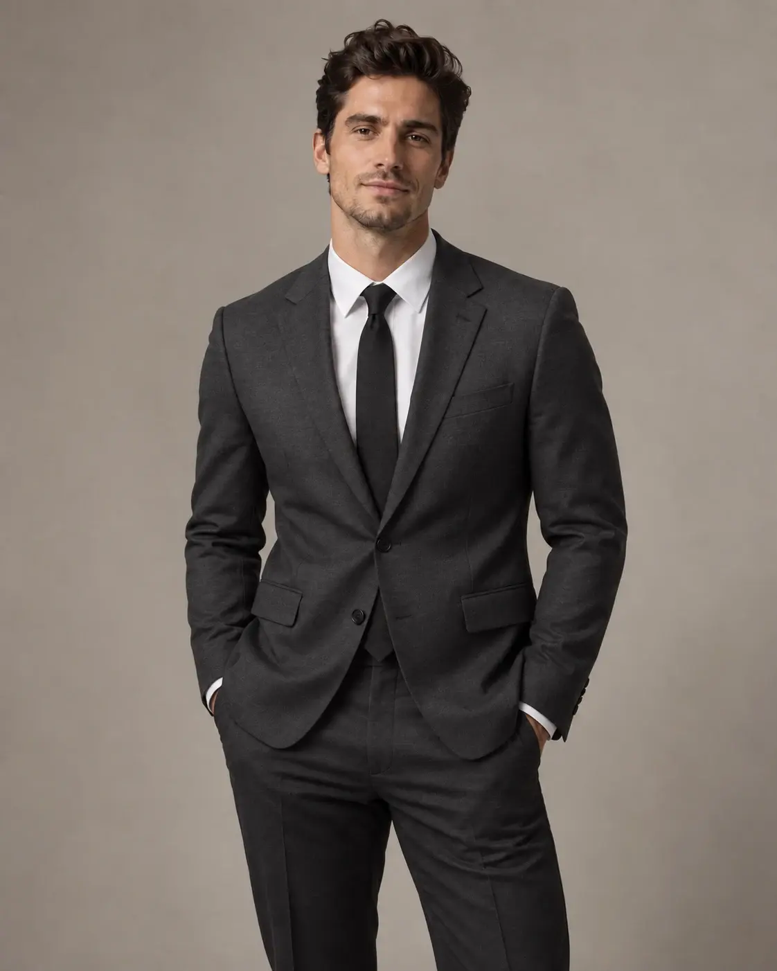 The same man wearing a charcoal tailored suit after changing clothes