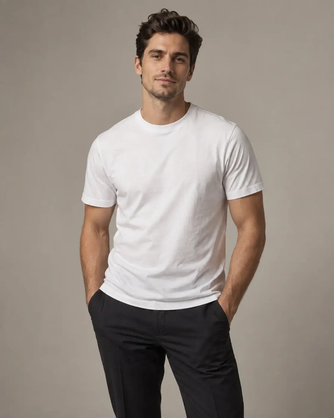 Man wearing a white T-shirt before changing clothes