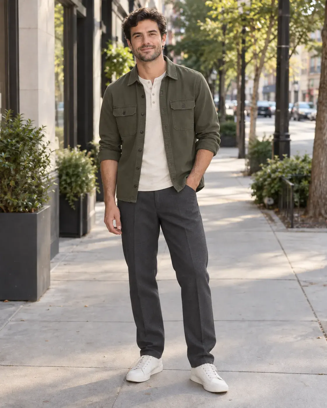 The same man wearing an olive utility overshirt and charcoal trousers after changing clothes