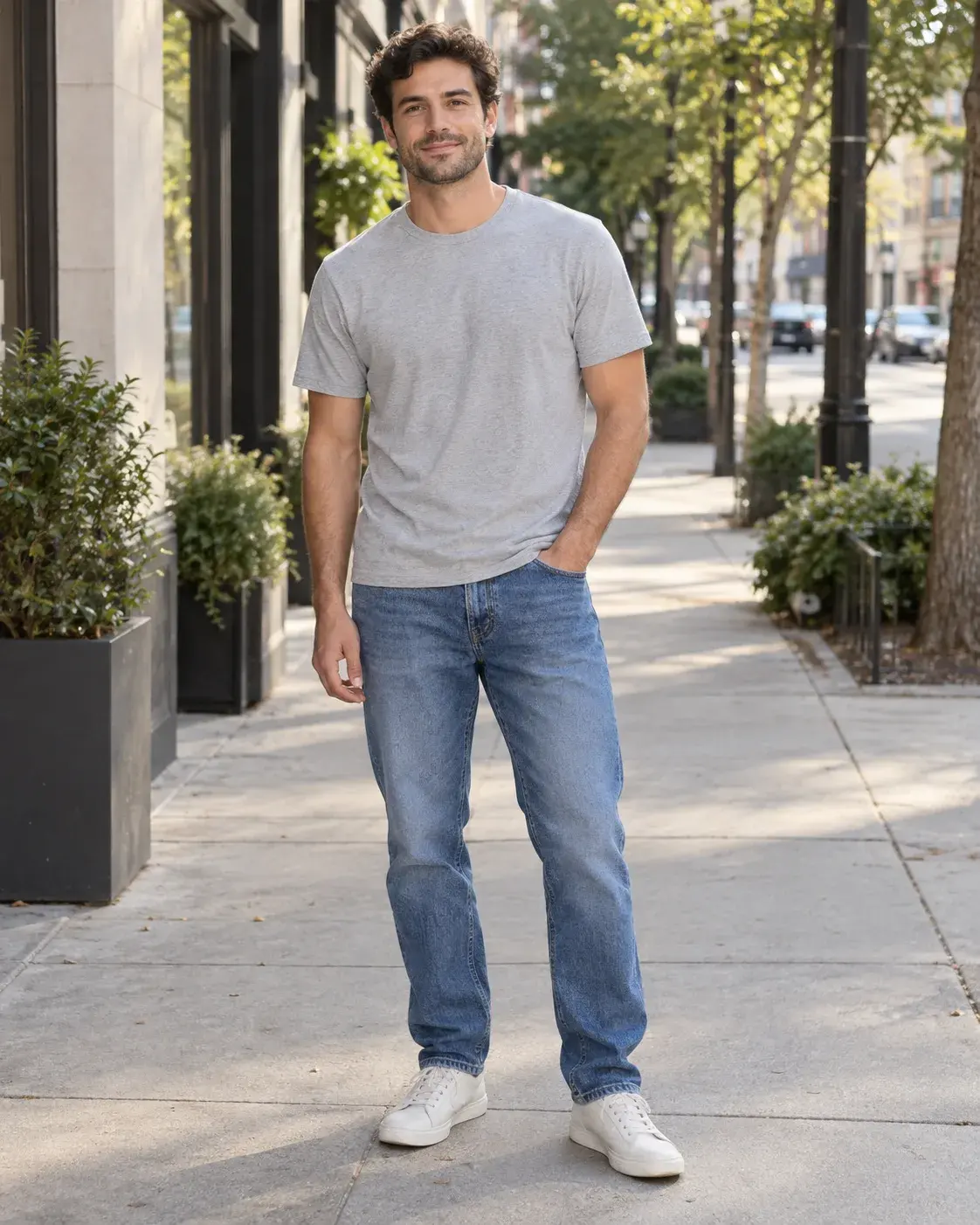 Man wearing a gray T-shirt and jeans on a city sidewalk before changing clothes