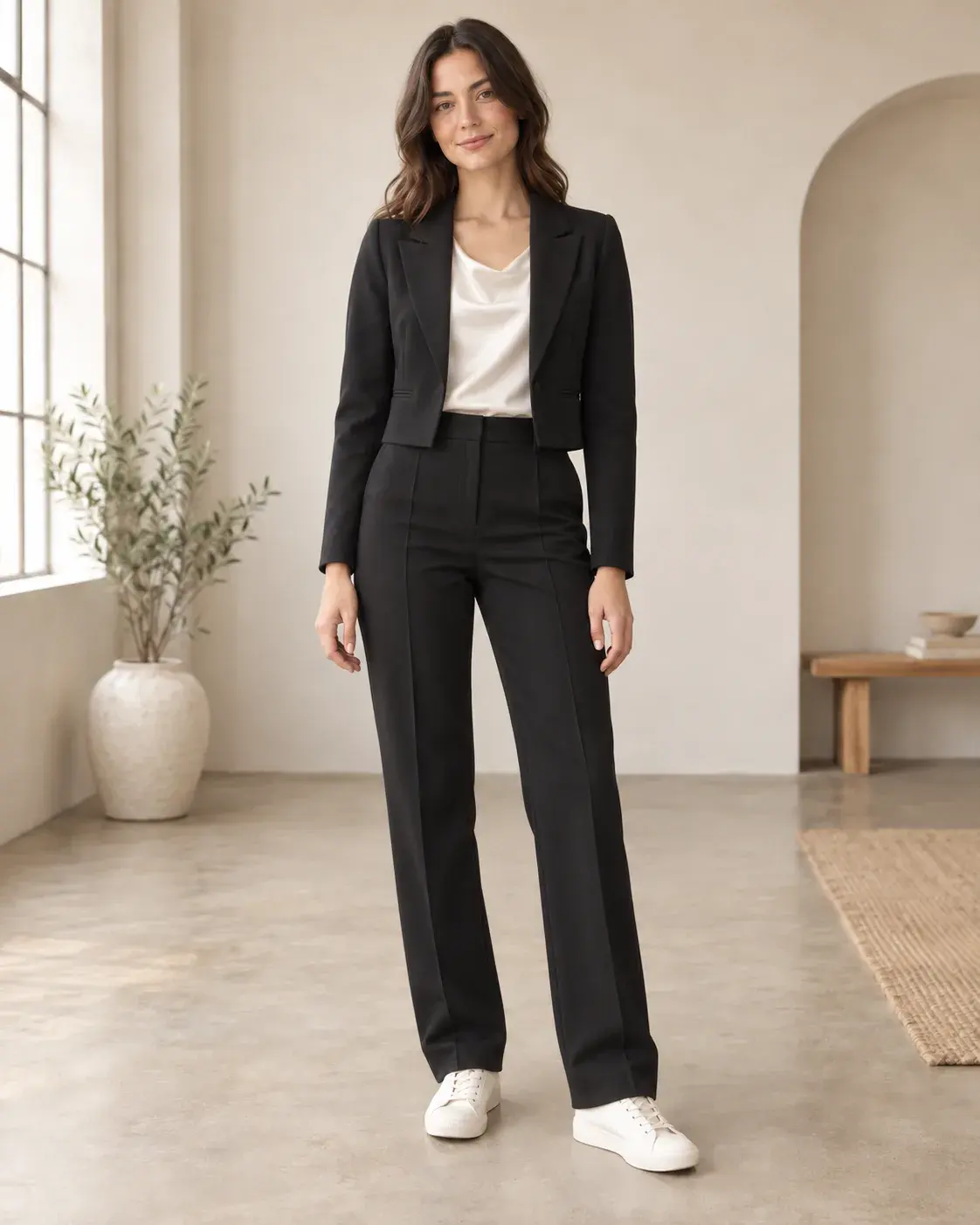 The same woman wearing a black suit and ivory satin top indoors after changing clothes